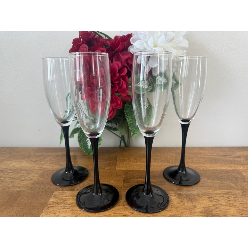 Title Vintage Luminarc France Black Stem Champagne Flutes MCM Set Bar Crt